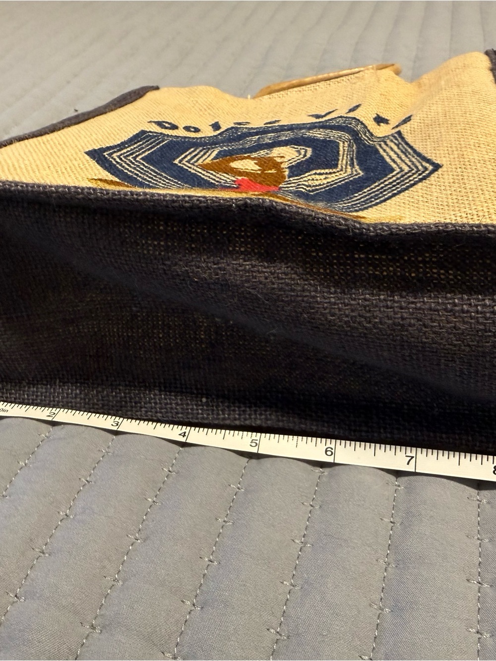 Source Unknown Beige Jute Tote with Navy Trim and Multicolor Embroidery - Picture 5 of 9